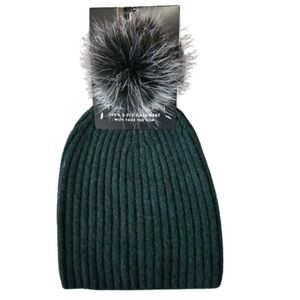 Tahari Cashmere Forest Green Cable Knit Pompom Beanie